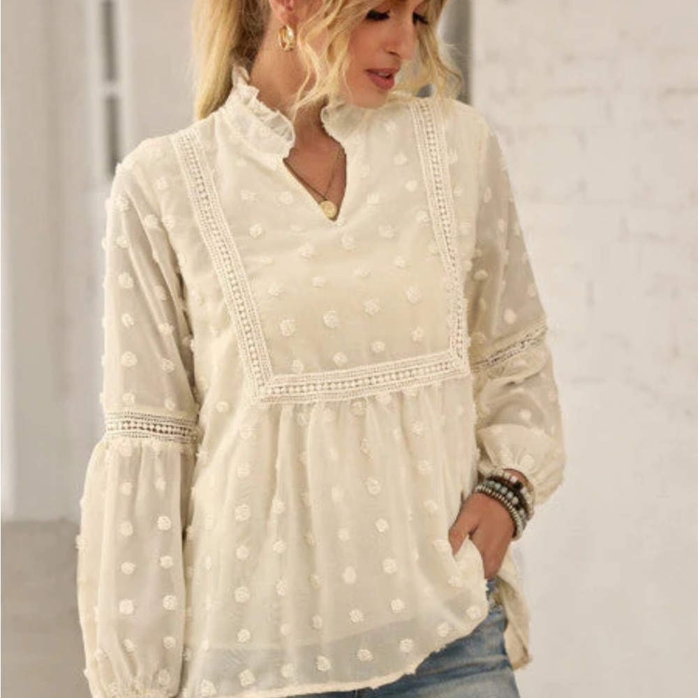 SHEIN Cream Ruffled Blouse with 3/4 Sleeves